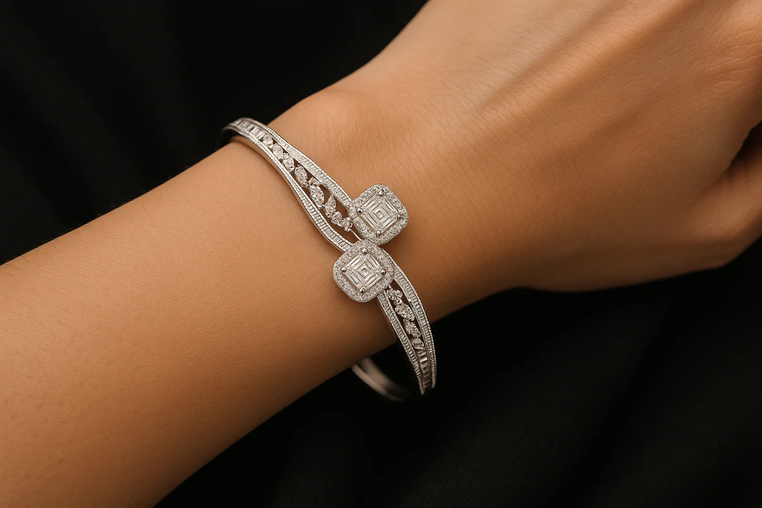 Dual Square Diamond Halo Bangle Bracelet