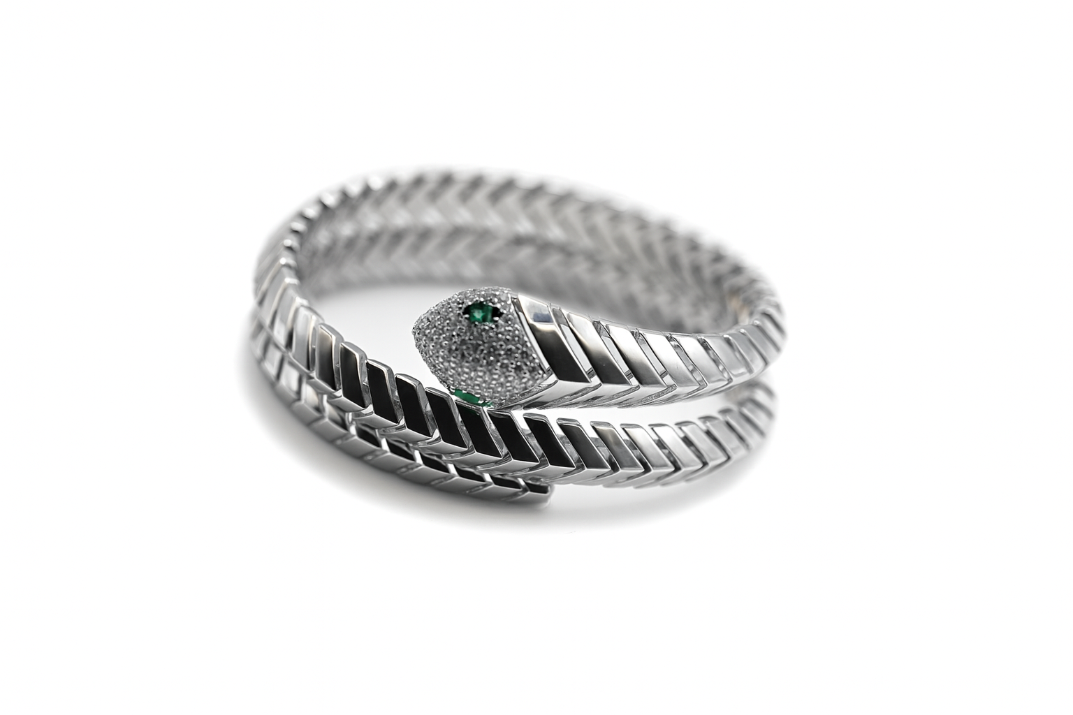 Serpentine Grace Adjustable Bracelet | Modern Silver Snake Design with Green Detailing