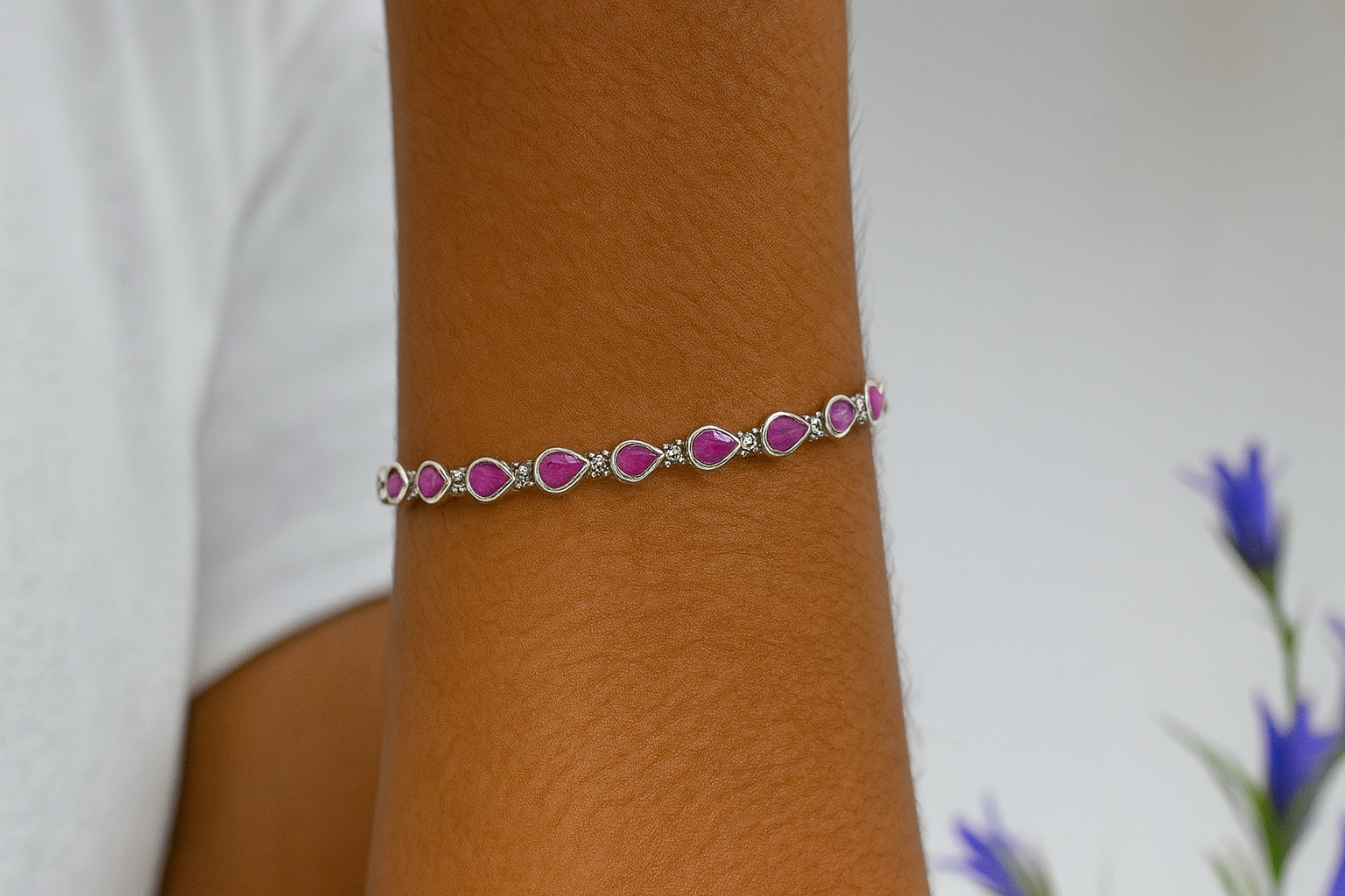 Sterling Silver Pink Teardrop Stone Bracelet