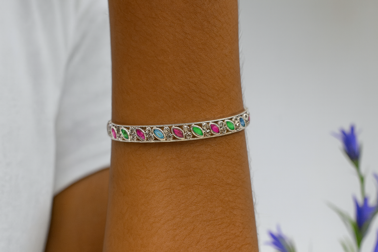 Sterling Silver Multi-Color Marquise Gemstone Bangle