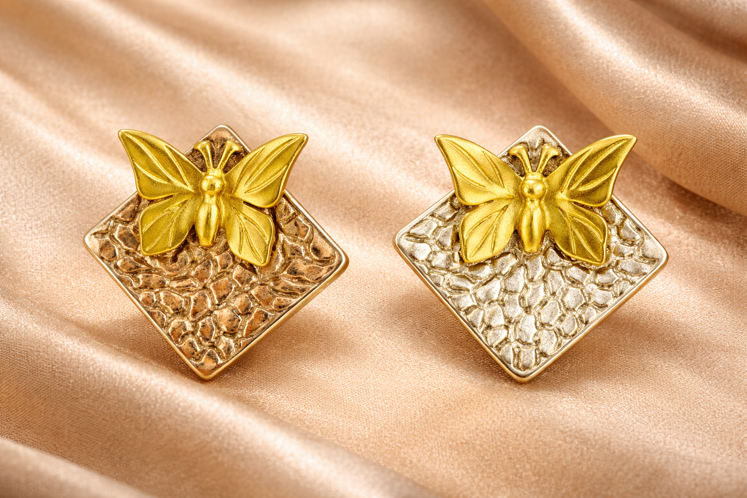 Gold Plated Butterfly Stud Earrings | Textured Dual-Tone Design