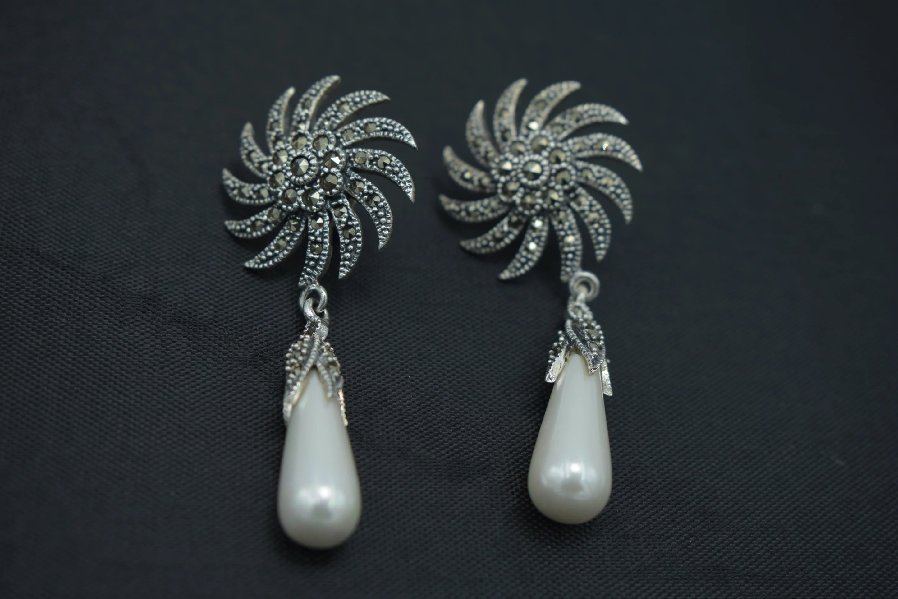 Vintage Sunburst Drop Earrings with Teardrop Pearls