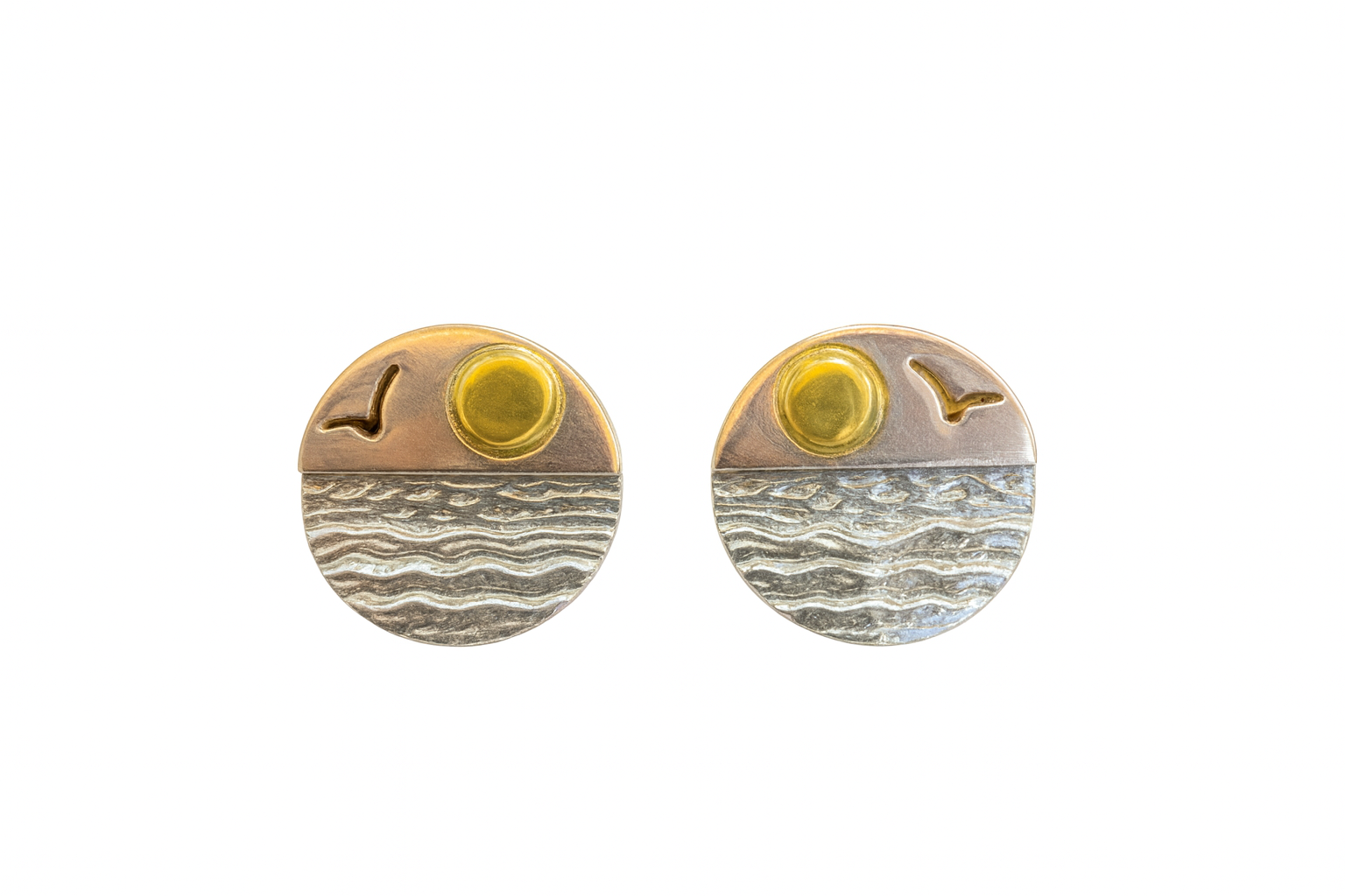 Golden Sunset Over Waves Stud Earrings | Dual-Tone Finish
