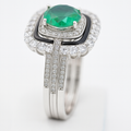Women Elegant Emerald Green Stone Ring with Black Enamel & CZ