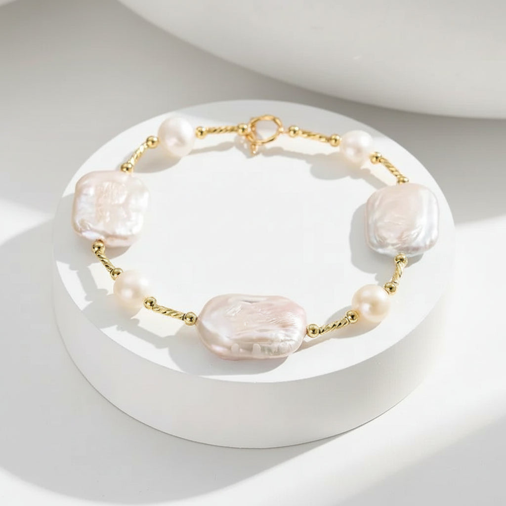 Baroque Pearl & Gold Plated Link Bracelet | Freshwater Pearl        Design | Sterling Silver