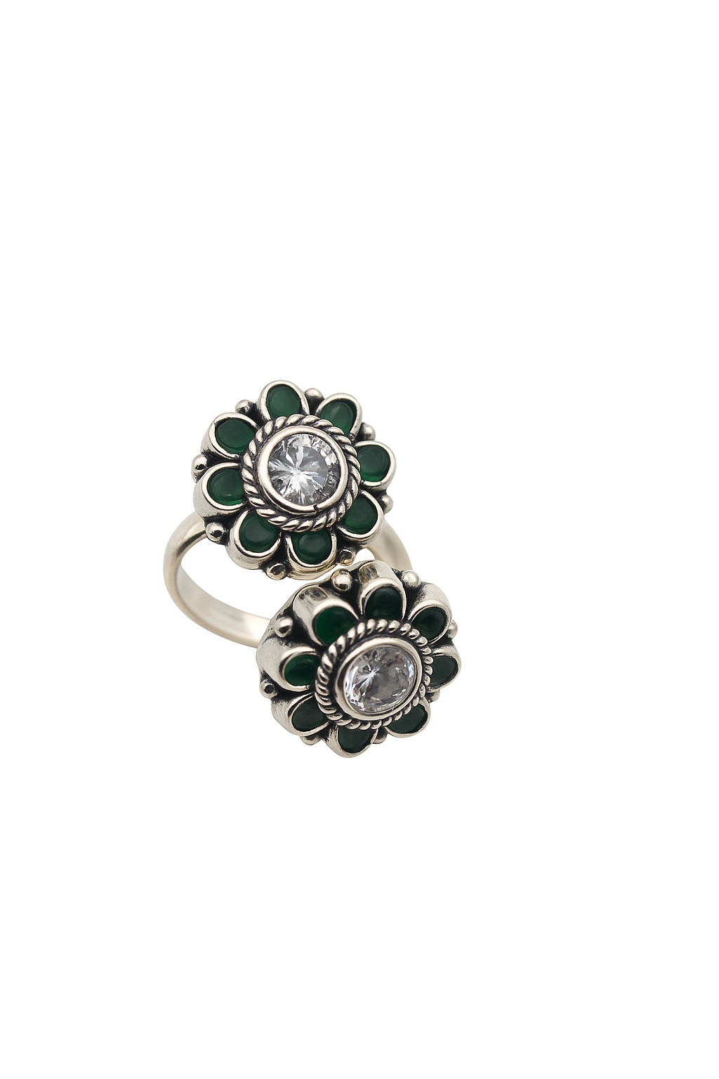Floral Harmony Adjustable Toe Ring with Green & White Stones