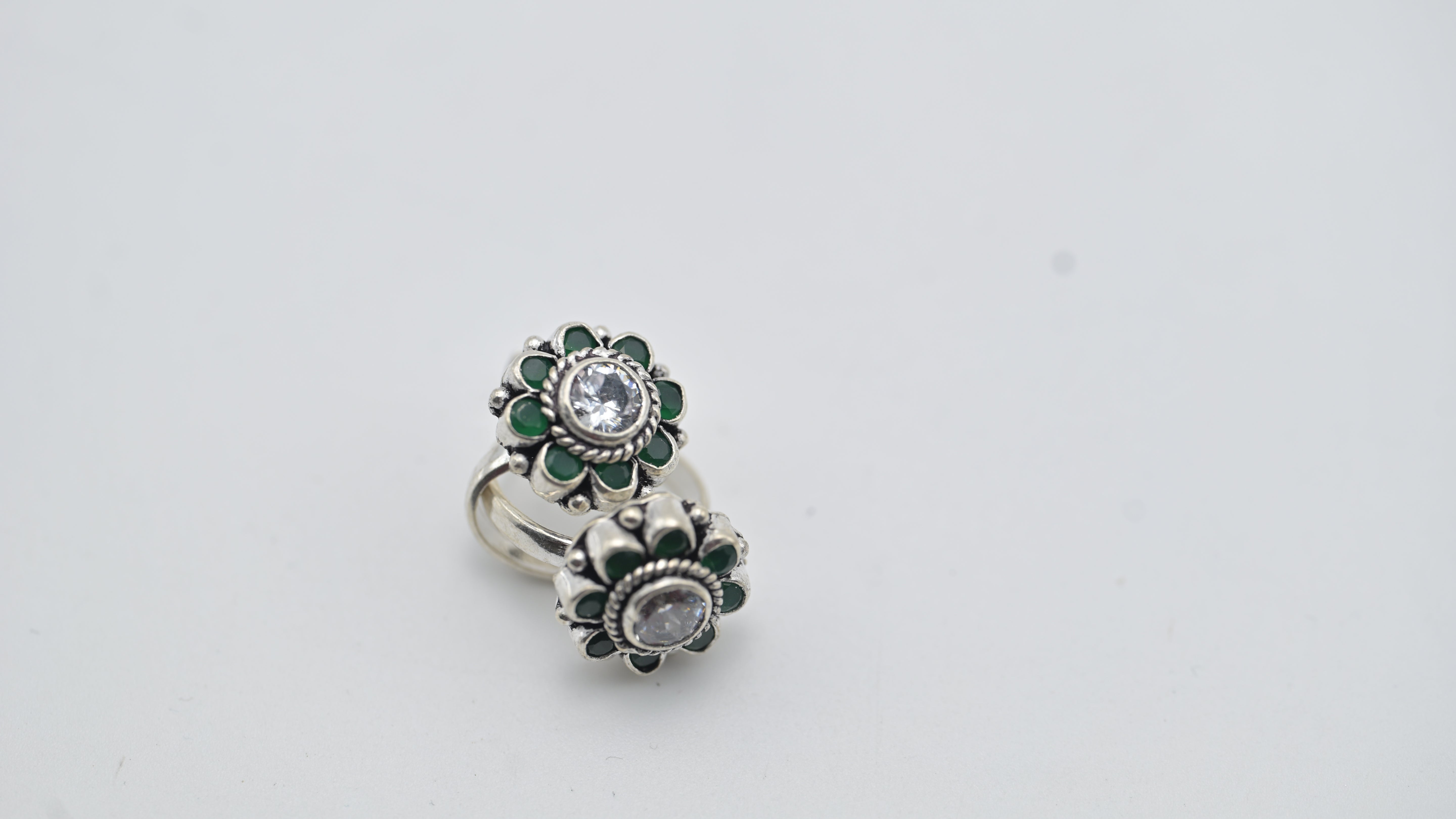 Floral Harmony Adjustable Toe Ring with Green & White Stones
